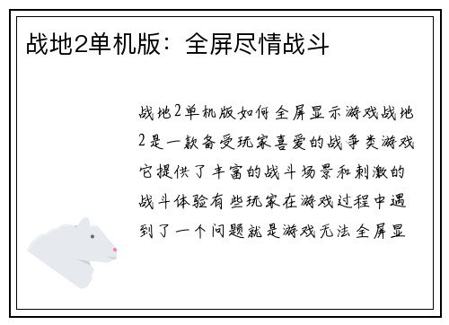 战地2单机版：全屏尽情战斗